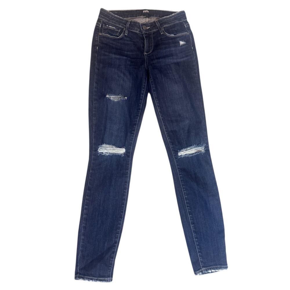 PAIGE Dark Wash Distressed Skinny Jeans | Mid Rise‎ Stretch| Casual Chic  sz 25